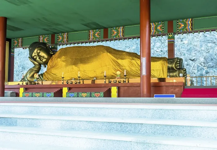 Framed Print : Thirteen meter long reclining Buddha at Manbulsa Temple in Yeongcheon