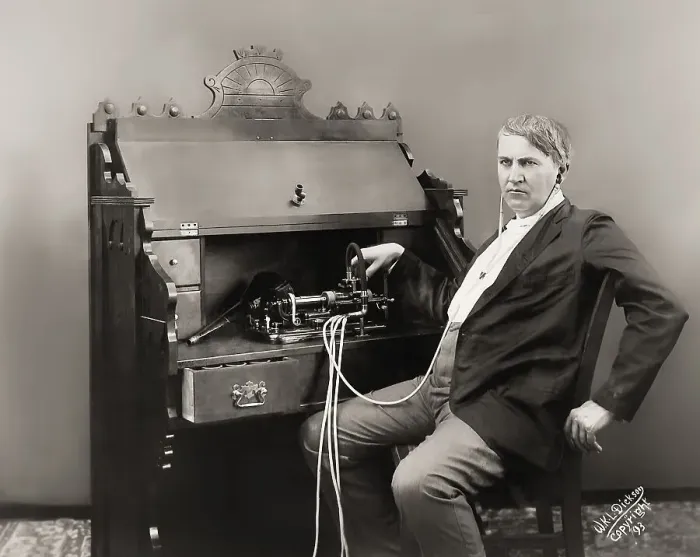 Framed Print : Thomas Alva Edison with his cylinder phonograph