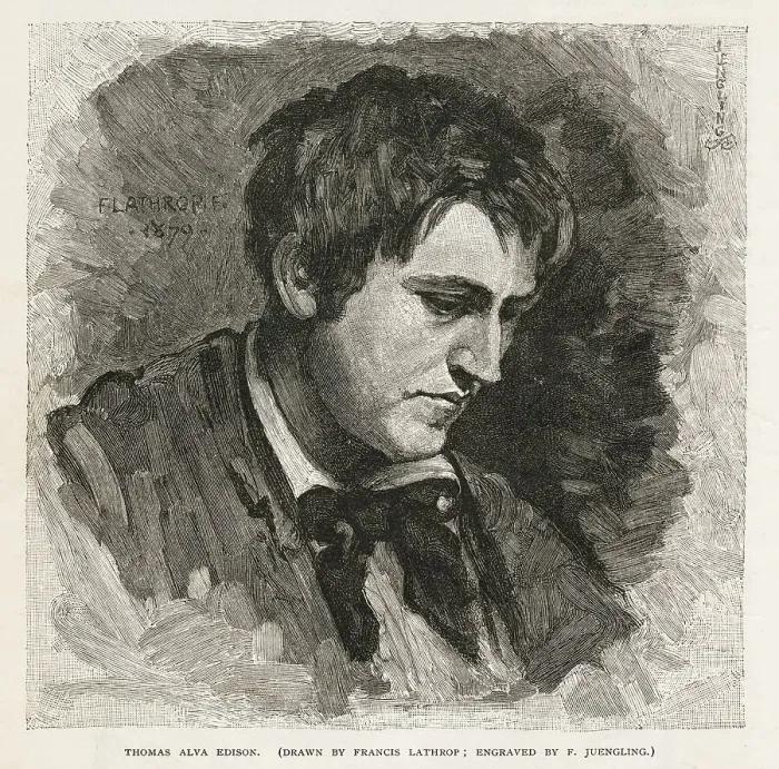 Framed Print : Thomas Alva Edison engraved portrait from a 1879 magazine Framed Print : Thomas Alva Edison engraved portrait from a 1879 magazine