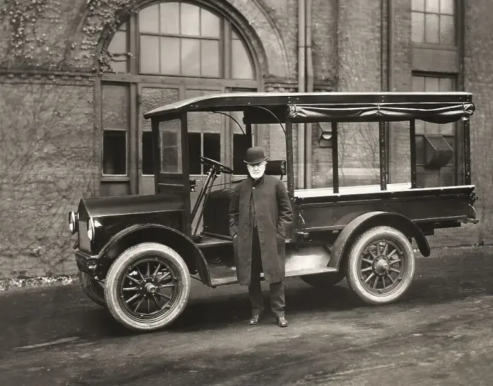 Framed Print : Thomas Alva Edison inspecting a Lansden Electric truck which used Edison batteries Framed Print : Thomas Alva Edison inspecting a Lansden Electric truck which used Edison batteries