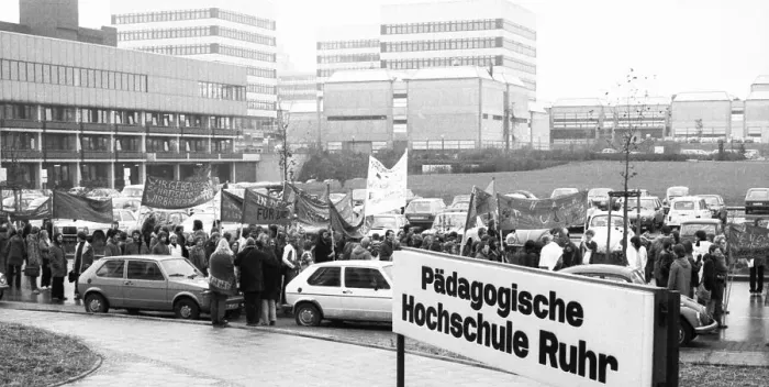 Framed Print : Several thousand students of the University of Dortmund demonstrated against the austerity policies of the North