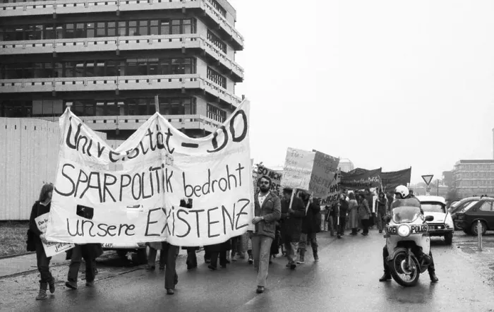 Framed Print : Several thousand students of the University of Dortmund demonstrated against the austerity policies of the North
