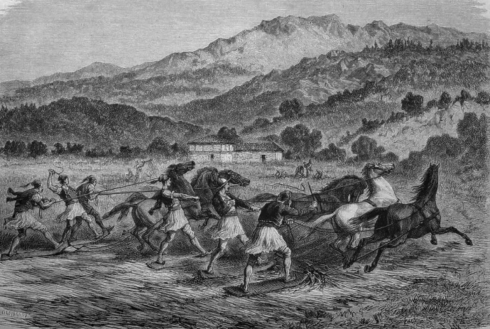 Framed Print : Thrashing of crop in Greece, historical illustration