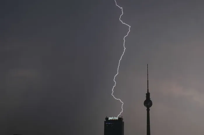 Framed Print : Thunderstorm, lightning, TV tower