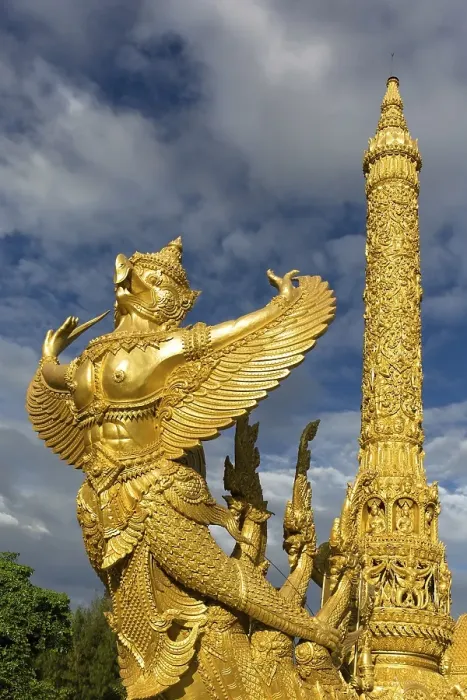 Framed Print : Thung Si Muang Park, Mueang, Garuda figure in front of the Golden Giant Candle
