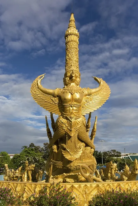 Framed Print : Thung Si Muang Park, Mueang, Garuda figure in front of the Golden Giant Candle