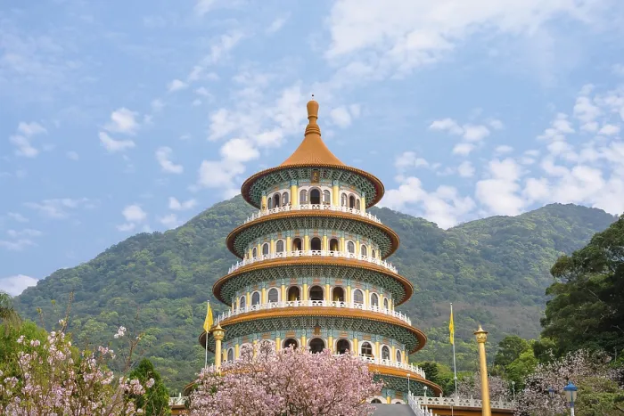 Framed Print : Tianyuan temple with spring cherry blossoms in Tamsui