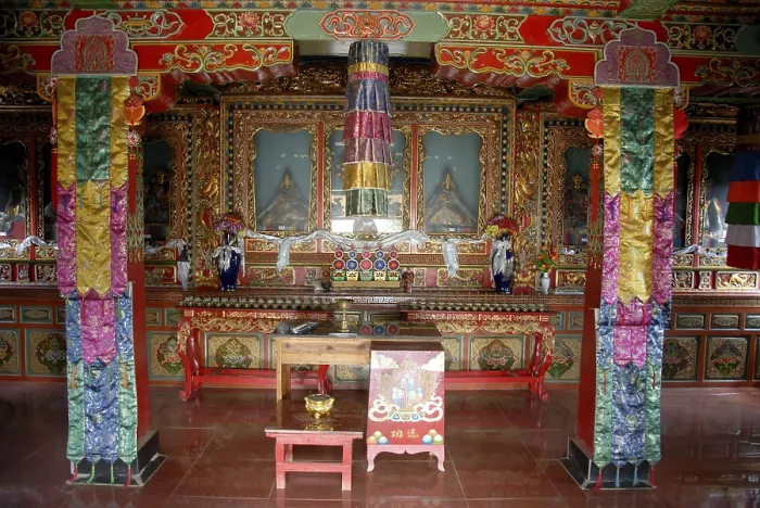 Framed Print : Tibetan Buddhism, brightly decorated altar