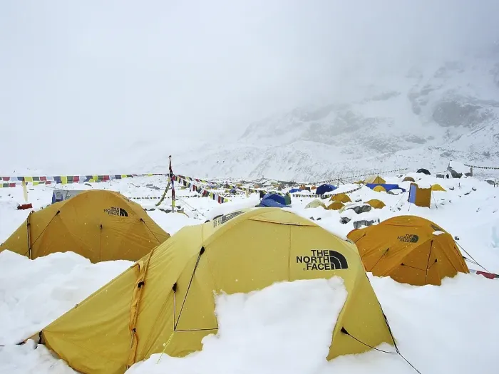 Framed Print : Tibetan, buddhistic prayer flags and now covered tents in the Mount Everest Base Camp Framed Print : Tibetan, buddhistic prayer flags and now covered tents in the Mount Everest Base Camp