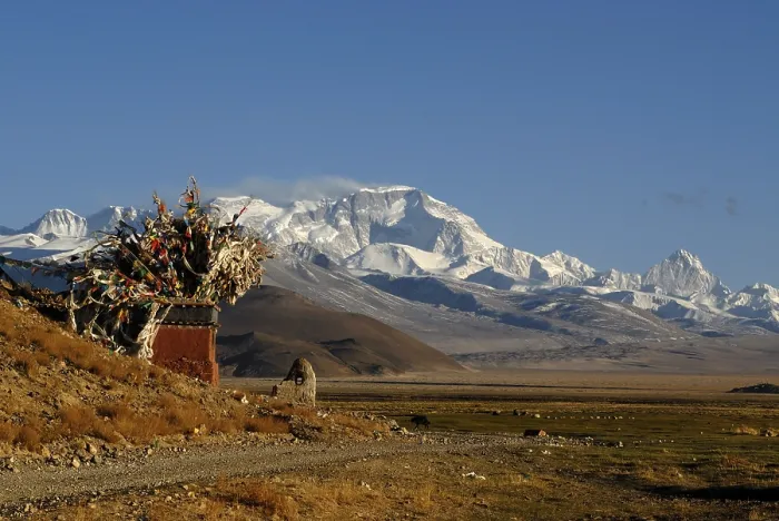 Framed Print : Tibetan choerten with prayer flags in front of the snowy mountain Cho Oyo