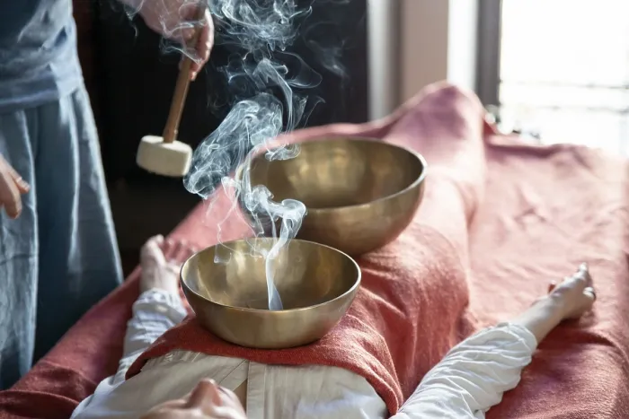 Framed Print : Tibetan singing bowl in sound therapy