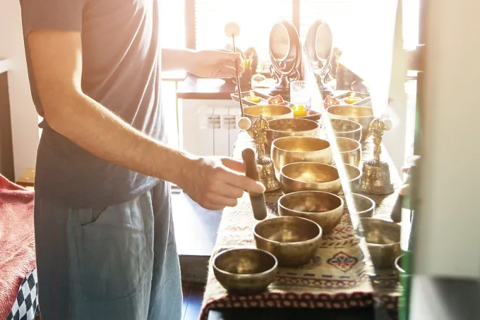 Framed Print : Tibetan singing bowl in sound therapy