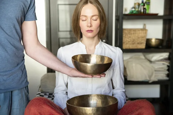 Framed Print : Tibetan singing bowl in sound therapy