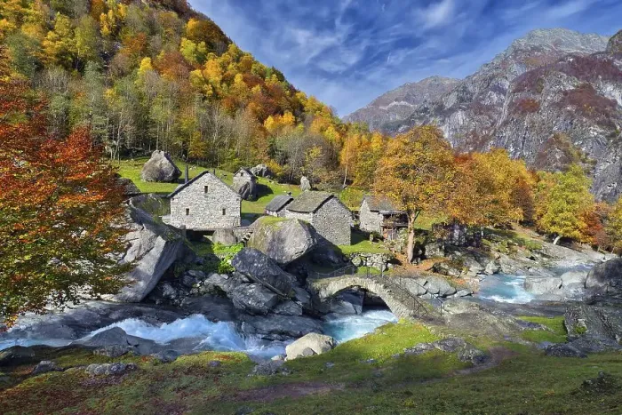 Framed Print : Ticino stone houses, Puntid, stream Calnegia Framed Print : Ticino stone houses, Puntid, stream Calnegia