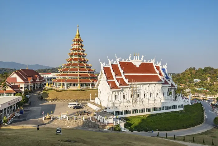 Framed Print : Nine tiered pagoda and viharn assembly hall at Wat Huay Pla Kang in Chiang Rai