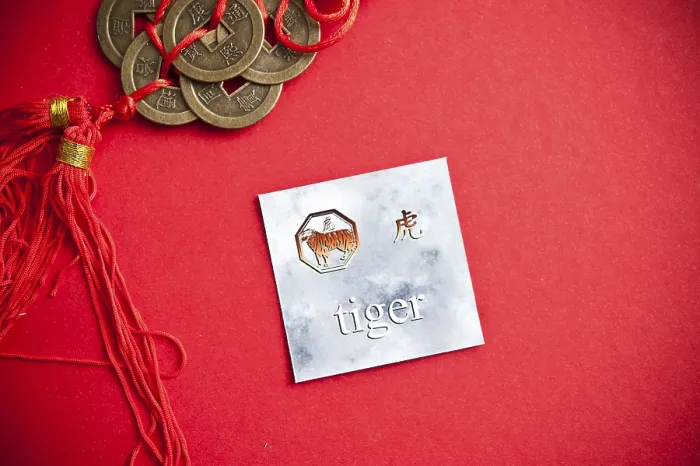 Framed Print : Tiger zodiac card with Chinese character on a red background with coins Framed Print : Tiger zodiac card with Chinese character on a red background with coins