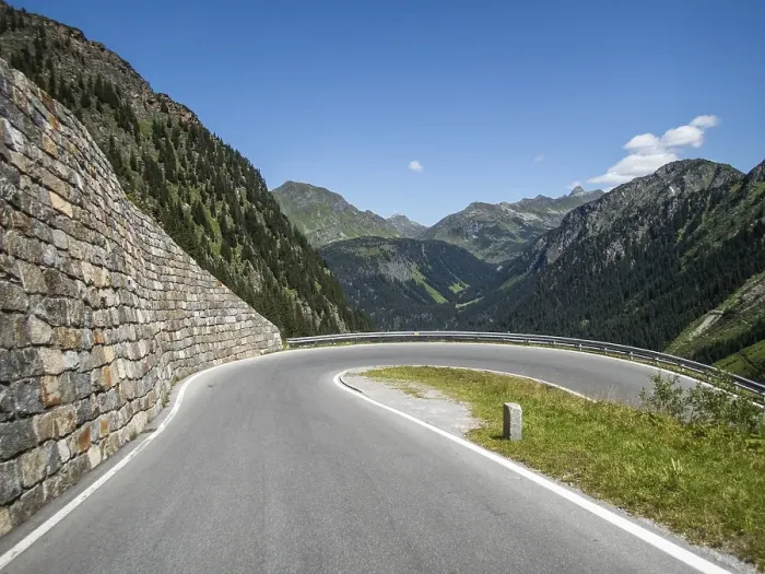 Framed Print : Tight bend, Alpine peaks behind Framed Print : Tight bend, Alpine peaks behind