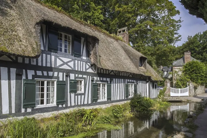 Framed Print : Timber-framed house with thatched roof along the river Veules Framed Print : Timber-framed house with thatched roof along the river Veules