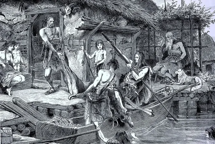 Framed Print : The time of the stilt houses, also called pile dwellings or palafitte