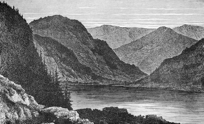 Framed Print : Titisee in the middle of a mountain landscape in the Black Forest nature park Park, Baden-Wuerttemberg, fir vegetation, rocks, travel, Germany, historical illustration 1885, Europe