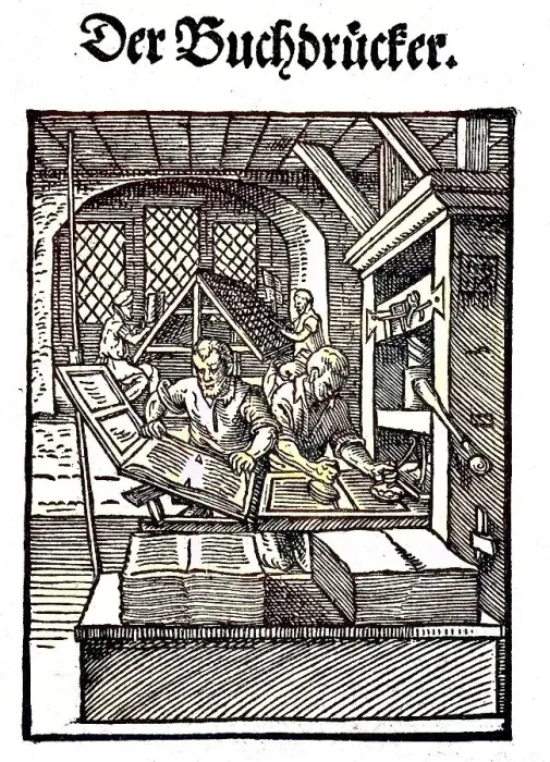 Framed Print : The title, Der Buchdrucker, the woodcut was created by Ammann