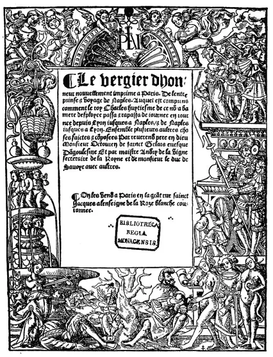 Framed Print : Title page of a book, framing, illustration of the legend of Virgil's revenge and the verdict of Paris