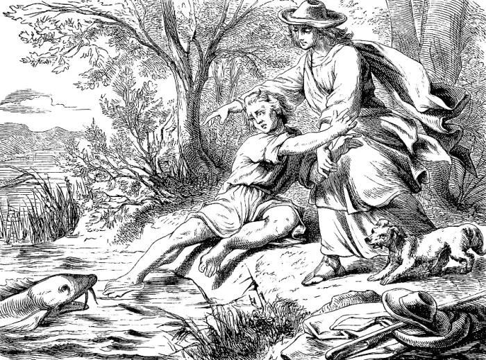 Framed Print : Tobias catches a strange fish in the Tigris