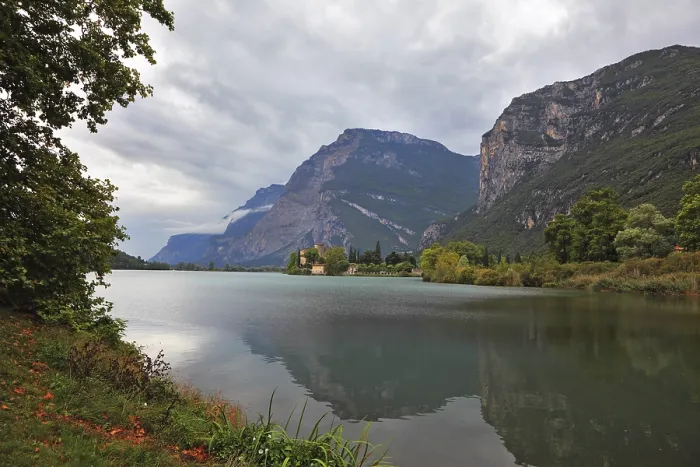 Framed Print : Toblino lake in the mountains of northern Italy and a medieval castle