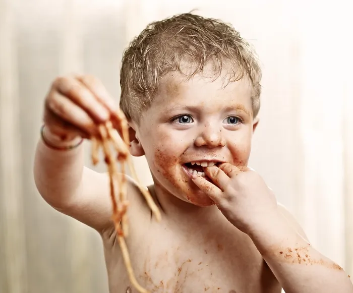 Framed Print : Toddler eating Spaghetti Framed Print : Toddler eating Spaghetti