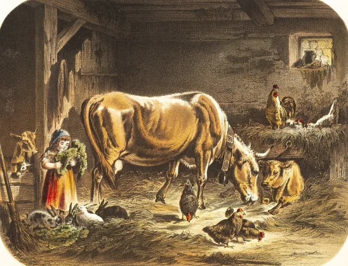 Framed Print : Toddler playing with many animals in the stable