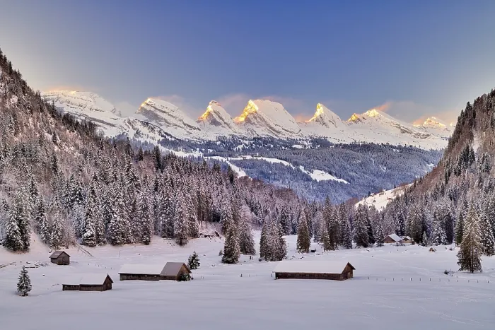 Framed Print : Toggenburg in winter, view of Churfirsten at sunrise Framed Print : Toggenburg in winter, view of Churfirsten at sunrise