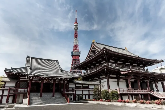 Framed Print : Tokyo Tower behind Koshoden and ZOjOji Temple