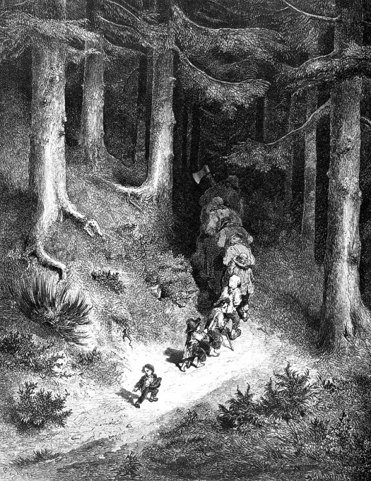 Framed Print : The Tom Thumb, boy and his six brothers in the dark forest