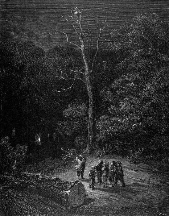 Framed Print : The Tom Thumb, children abandoned in the woods at night