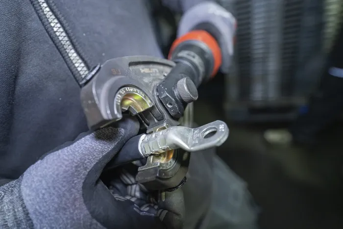 Framed Print : Tool in use for pressing an electrical connection