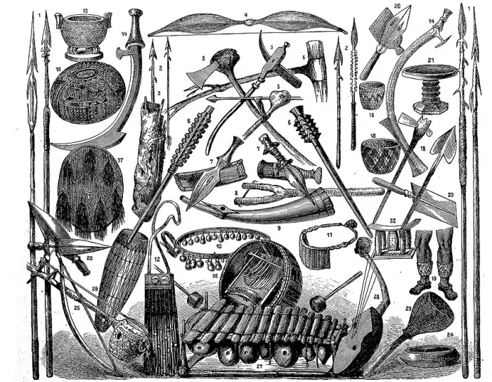 Framed Print : Tools, instruments, jewellery and weapons of the African peoples in 1880 Framed Print : Tools, instruments, jewellery and weapons of the African peoples in 1880
