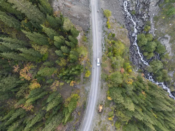 Framed Print : Top-down, aerial view, car on road in forest Framed Print : Top-down, aerial view, car on road in forest