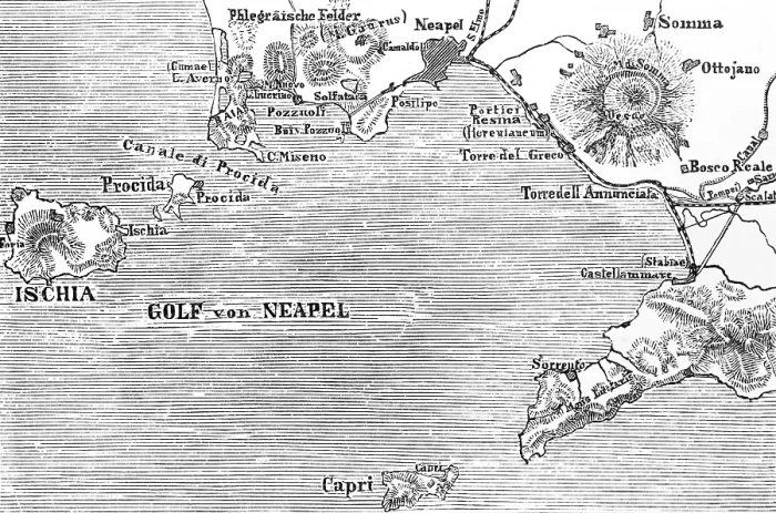Framed Print : Topographic map of the Gulf of Naples with Vesuvius, islands of Capri and Ischia, geography, Italy, historical illustration 1888, Europe Framed Print : Topographic map of the Gulf of Naples with Vesuvius, islands of Capri and Ischia, geography, Italy, historical illustration 1888, Europe