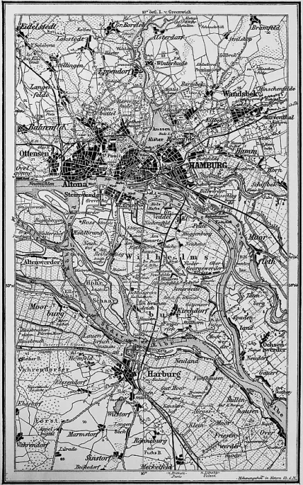 Framed Print : Topographic map of Hamburg and surroundings, Elbe marshes, various courses of the Elbe, Norderelbe, Suederelbe, Koehlbrand, Elbe island Wilhelmsburg, Alster, Altona, Harburg, map, roads, railway lines, travel, Germany, historical illustration 1885