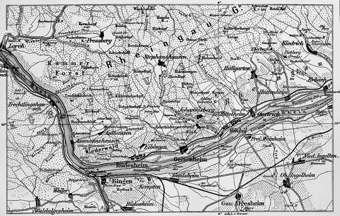 Framed Print : Topographic map of the Rheingau, viticulture, wine villages Ruedesheim, Oestrich, roads and railway lines, travel, Hesse and Rhineland-Palatinate, Germany, historical illustration 1885, Europe