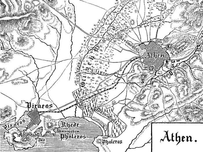 Framed Print : Topographical map of Athens with surroundings and the harbour town of Piraeus on the Saronic Gulf, railway, roads, heights with hatching, geography, Greece, historical illustration 1888, Europe