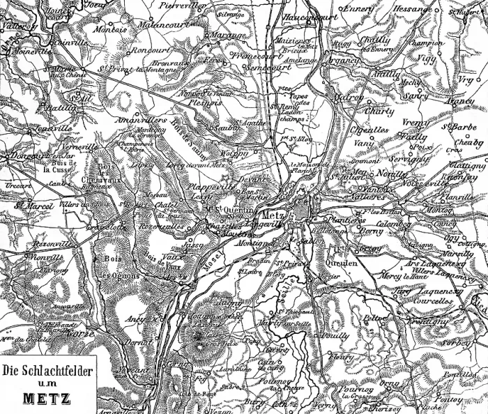 Framed Print : Topographical map of the battlefields around Metz on the Moselle, historical battles of Gravelotte and Saint-Privat-la-Montagne, Sedan, at Amanvillers, siege of Metz, Lorraine, war, conflict, France, historical illustration 1885, Europe
