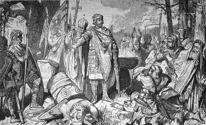 Framed Print : Toppling of the old Saxon Irminsul pillar by Charlemagne or Charles the Great