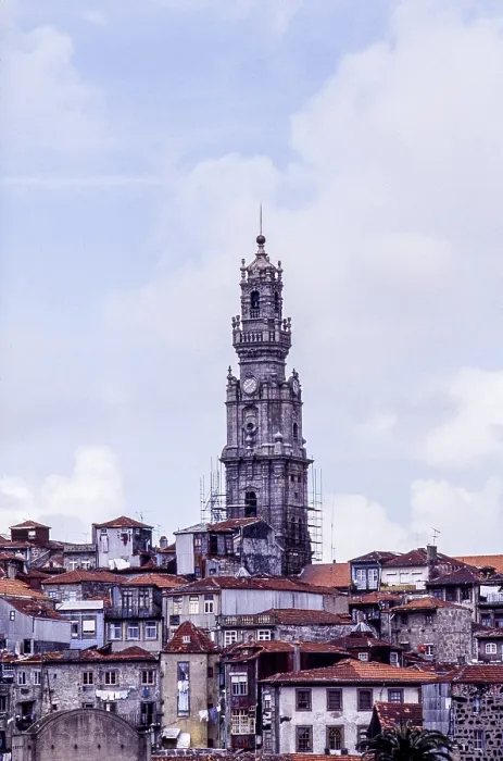 Framed Print : Torre dos Clerigos above the old town of Porto