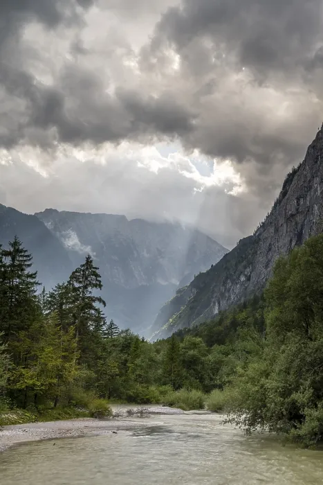Framed Print : Torrener Ache in the Bluntau valley with dramatic clouds