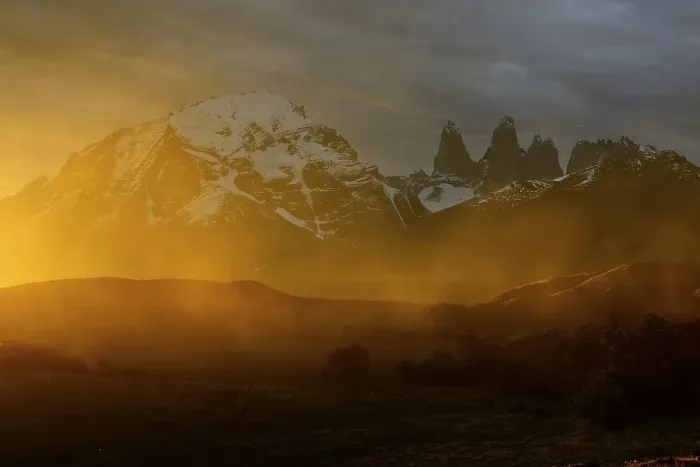 Framed Print : Torres del Paine massif with dust cloud at sunset