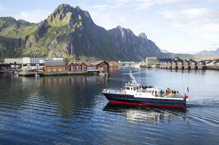 Framed Print : Tourist boat in harbour, Svolvaer