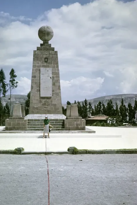 Framed Print : Tourist at the equator monument from 1936, Ciudad Mitad del Mundo, Pichincha, Ecuador, South America 1962, South America
