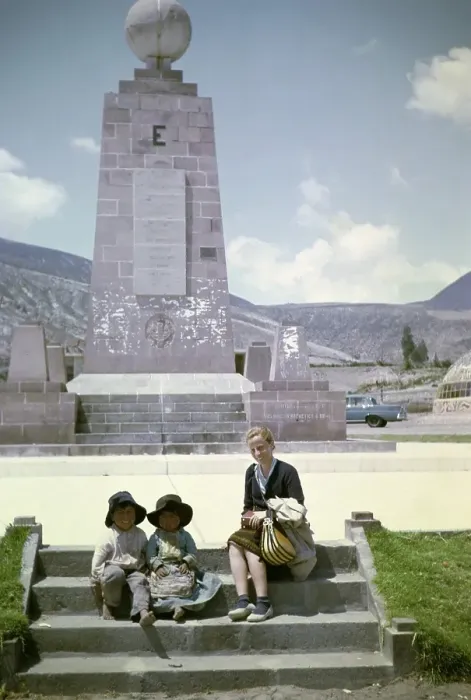 Framed Print : Tourist with local children at the equator monument from 1936, Ciudad Mitad del Mundo, Pichincha, Ecuador, South America 1962, South America