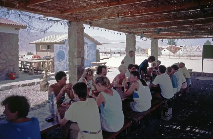 Framed Print : Tourists eating in the Morgana restaurant, Nuweiba, Sinai Peninsula, Egypt, September 1989, vintage, retro, old, historic, Africa